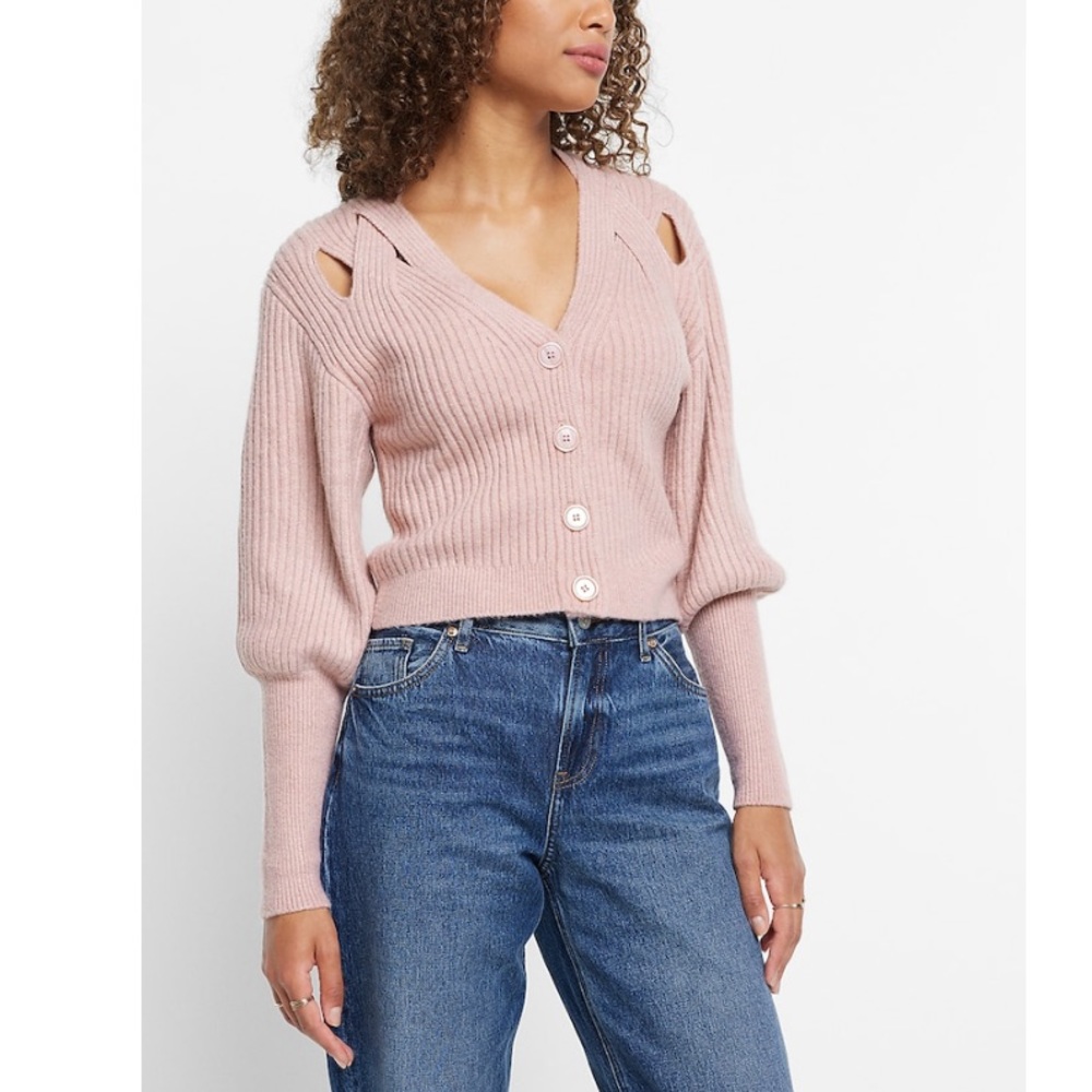 V-neck Ballon sleeve crisis cross cutout cardigan